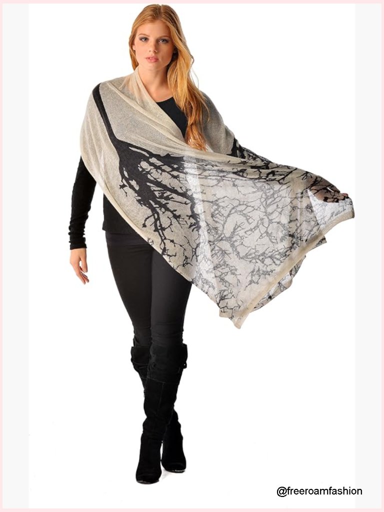 100% Cashmere Shawl Wrap - Lightweight Knit Tree Print - 22x76